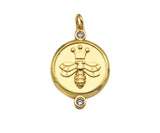 CZ Micro Pave Bee Crown On Round Coin Pendant/Charm, Bracelet Necklace CZ  Round Pendant Charm, Silver/Gold Tone,18x26mm,Sku#L460