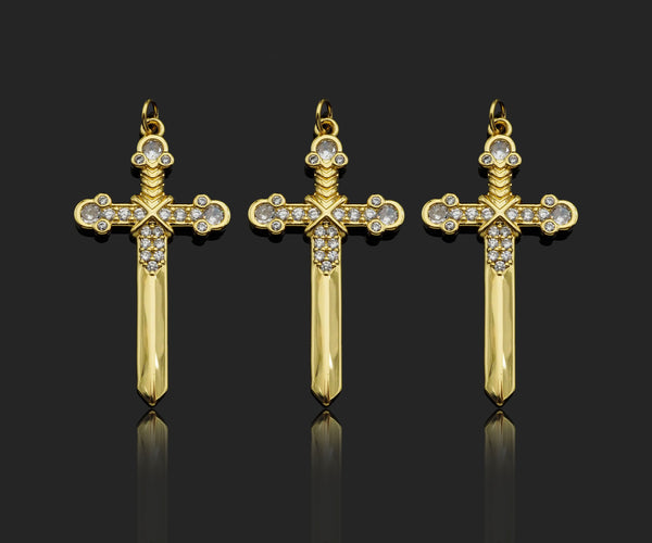 Gold Filled CZ Micro Pave Cross Sword Shape Pendant, 18K Gold Filled Cross Charm, Necklace Bracelet Charm Pendant, 40x21mm,Sku#Y459