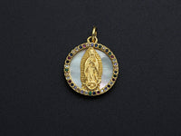 CZ Micro Pave Gold Mary on Mother-of-pearl Coin Pendant/Charm, Cubic Zirconia Pendant Charm, Religious Charm, 16x17mm,sku#Z748