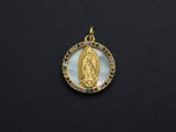CZ Micro Pave Gold Mary on Mother-of-pearl Coin Pendant/Charm, Cubic Zirconia Pendant Charm, Religious Charm, 16x17mm,sku#Z748