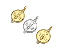 CZ Micro Pave Bee Crown On Round Coin Pendant/Charm, Bracelet Necklace CZ  Round Pendant Charm, Silver/Gold Tone,18x26mm,Sku#L460