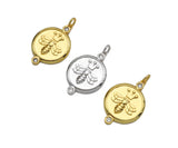 CZ Micro Pave Bee Crown On Round Coin Pendant/Charm, Bracelet Necklace CZ  Round Pendant Charm, Silver/Gold Tone,18x26mm,Sku#L460