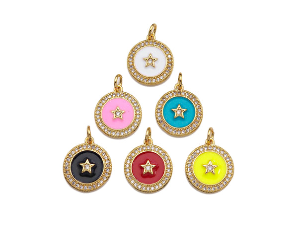 Enamel Colorful Five Star On Coin Pendant,CZ Micro Pave pendant,Enamel pendant,Enamel Jewelry, 14x16mm,sku#F1261