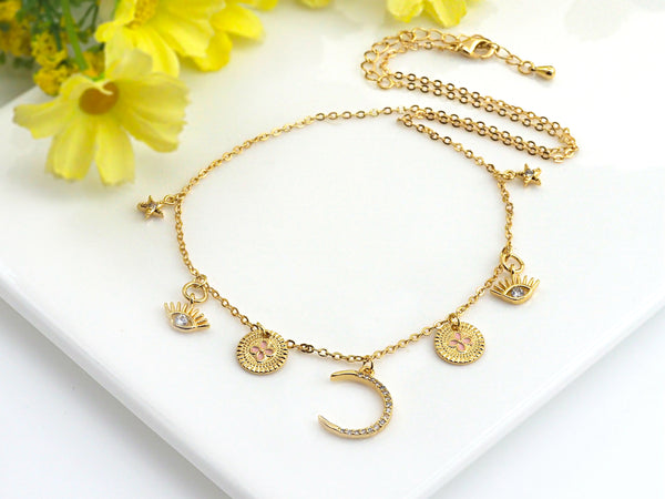 Gold Moon Star Eye Charm Necklace, sku#Z723