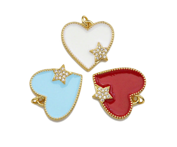 Clear Micro Pave CZ  Star On Enamel Heart Pendant with Gold Finish,Red Blue White Enamel Heart, Colorful Enamel Heart, 20x20mm, sku#LK164
