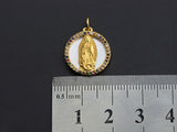 CZ Micro Pave Gold Mary on Mother-of-pearl Coin Pendant/Charm, Cubic Zirconia Pendant Charm, Religious Charm, 16x17mm,sku#Z748