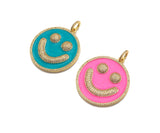Large Pave Enamel Hot Pink/Turquoise Smiley Face 38mm Pendant, Cubic Zirconia Pave Pendant, Happy face charm, Pink Smiley Face, Sku#ML39
