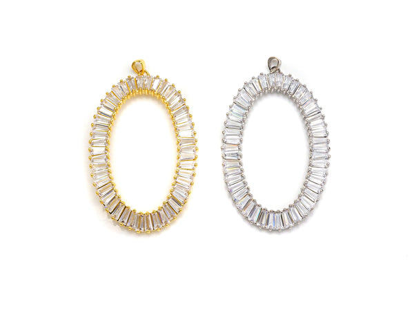 Large Micro Pave Bagette CZ Oval Pendant, Cubic Zirconia  O Shape Pendant, Silver/Gold Tone, 39x62mm, Sku#FH82