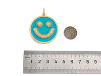 Large Pave Enamel Hot Pink/Turquoise Smiley Face 38mm Pendant, Cubic Zirconia Pave Pendant, Happy face charm, Pink Smiley Face, Sku#ML39