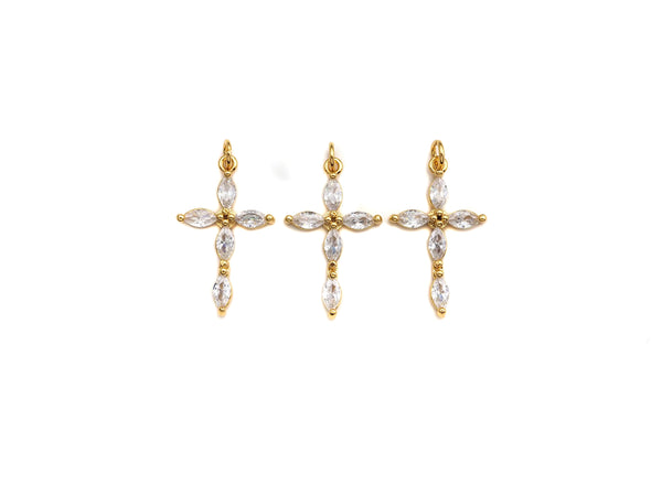 Bagette CZ Micro Pave Cross Flower Pendant, Cubic Zirconia Cross Pendant, Gold Tone pendant, 17x28mm, sku#F1106