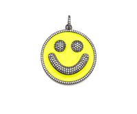 Large Pave Enamel Yellow Smiley Face 38mm Pendant, Cubic Zirconia Pave Pendant, Happy face charm, Yellow Smiley Face, Sku#ML40