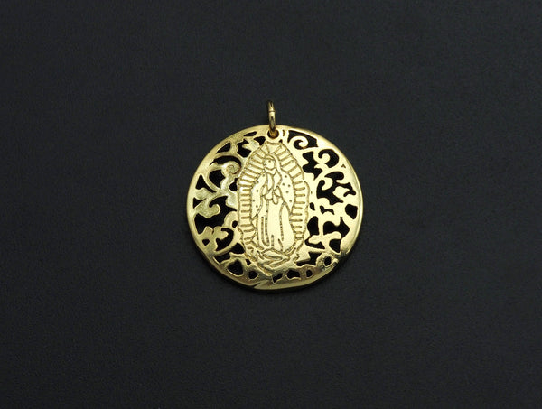 Mary Pendant/Charm, Filigree Mary Disc Pendant, Cubic Zirconia Pendant, Gold Tone, 25mm, Sku#FH23
