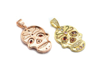 Colorful CZ Micro Pave Skull Pendant, Red Eye,Skull Pave Pendant, Gold/Rose Gold/Silver/Gunmetal plated, 27x40mm, Sku#F668