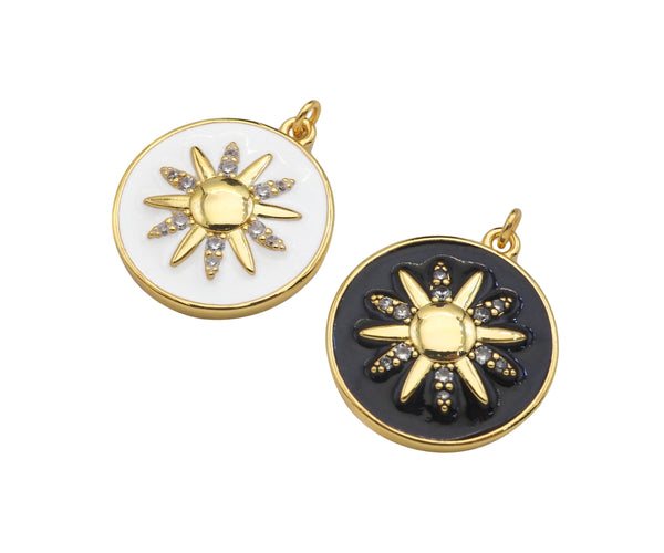 18K Gold Sunflower On Black White Enamel Round Coin Shape Pendant,CZ Micro Pave Enamel Medallion Charm, Enamel Jewelry, 24x21mm,Sku#B132 Bestbeads&Beyond