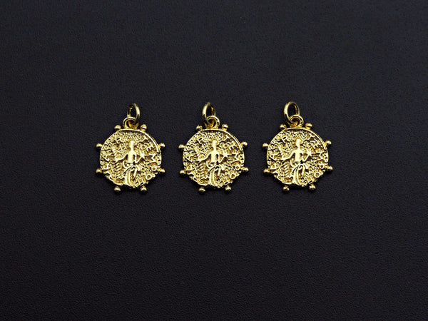 Medallion Dancing Lady Pendant, Embossment Disc Pendant, Cubic Zirconia Pendant, Gold Tone, 13mm, Sku#Z802