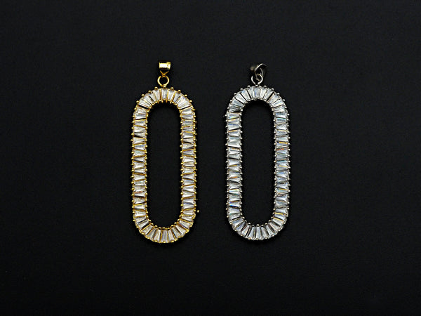 LARGE CZ Micro Pave Oval Clip Shape Pendant, Cubic Zirconia Frame Pendant, Silver/Gold Tone, 20x52mm, Sku#FH83