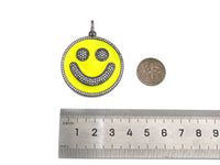 Large Pave Enamel Yellow Smiley Face 38mm Pendant, Cubic Zirconia Pave Pendant, Happy face charm, Yellow Smiley Face, Sku#ML40