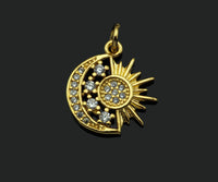 CZ Micro Pave Daint Sun Star On Cresent Moon Charms, Dainty Charms, Gold Pendant, Star Moon Necklace Charms, 14x15mm, Sku#Z1259