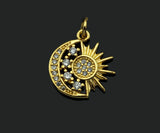 CZ Micro Pave Daint Sun Star On Cresent Moon Charms, Dainty Charms, Gold Pendant, Star Moon Necklace Charms, 14x15mm, Sku#Z1259