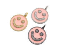 Large Pave Enamel Pink Smiley Face 38mm Pendant, Cubic Zirconia Pave Pendant, Happy face charm, Pink Smiley Face, Sku#ML41