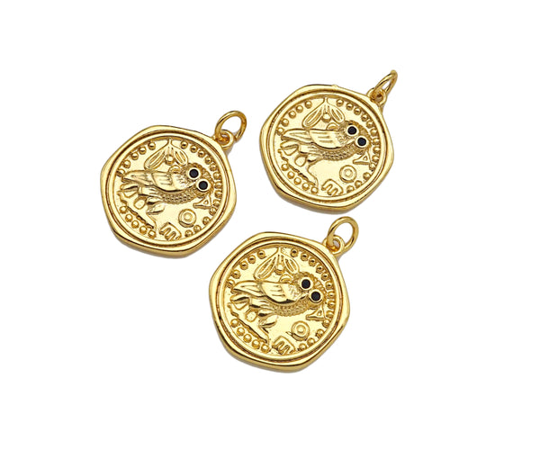 CZ Micro Pave Embossed Night Owl On Round Coin Shape Pendant, 18K Gold Medallion Charm, Necklace Bracelet Charm Pendant,18x22mm,Sku#FH165