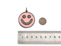 Large Pave Enamel Pink Smiley Face 38mm Pendant, Cubic Zirconia Pave Pendant, Happy face charm, Pink Smiley Face, Sku#ML41
