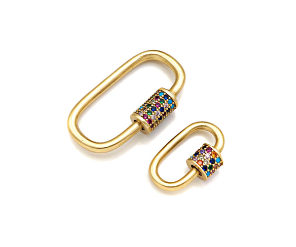 Colorful CZ Micro Pave Oval Shape Screw Clasp, Matt Gold Plated U Shape Clasp, Pave Lock, Carabiner Clasp, 17x29/12x18mm, Sku#ML46