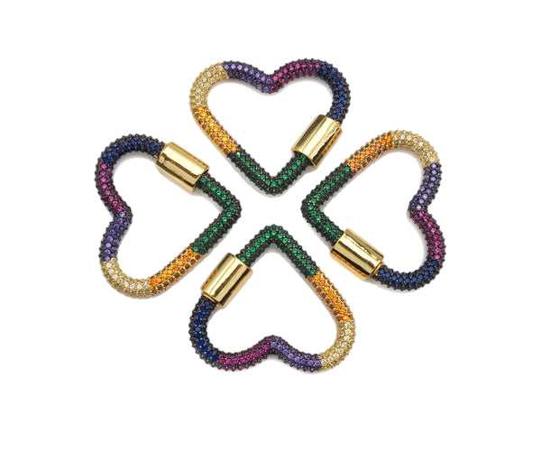 Rainbow Color CZ Gold Plated Heart Carabiner Clasp, Heart Clasp, Heart Carabiner, Chain Clasp, 30x27mm, Sku#K133