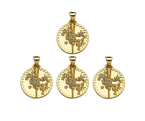 CZ Micro Pave Embossed Blossom Thorn Coin Shape Pendant, 18K Gold Medallion Charm, Necklace Bracelet Charm Pendant,18mm,Sku#FH166