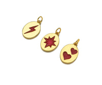 18K Dainty Gold Red Enamel North Star Lighting Heart On Oval Pendant, Gold Enamel Medallion Charm, 9x14mm,Sku#Y419