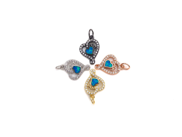 Clear CZ Micro Pave Blue Opal Heart Pendant,Cubic Zirconia Opal Heart Charm, Gold/Silver/Rose Gold/Black Tone, 12x17mm, sku#Z1028