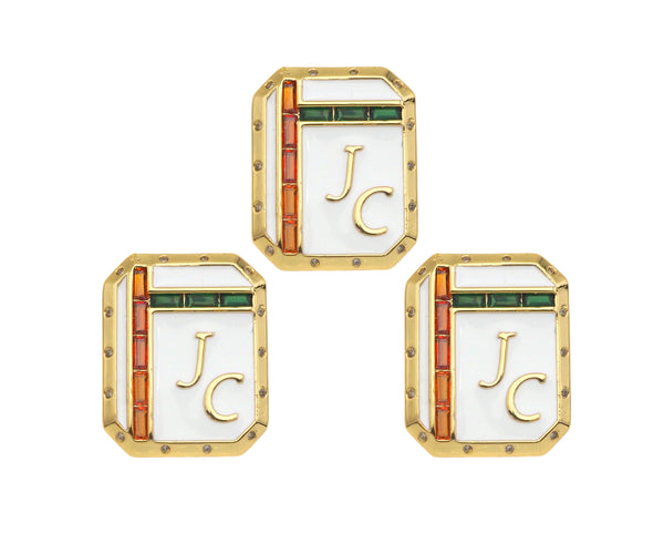 18K Dainty Gold White Enamel JC On Rectangle Pendant, Red Green Cubic Zirconia Gold Enamel Findings, 20x25mm,Sku#L542