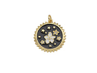 White Enamel Flower CZ Star On Black Enamel Round Coin Pendant, Gold Enamel Findings, 22x23mm,Sku#L543