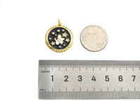 White Enamel Flower CZ Star On Black Enamel Round Coin Pendant, Gold Enamel Findings, 22x23mm,Sku#L543
