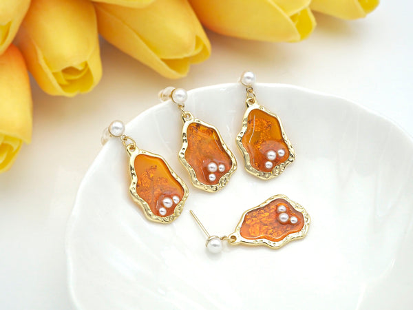 Pearl Amber stone earrings, Pearl earrring, Amber Earrings, Stud earrrings, 15x24mm,sku#Y431