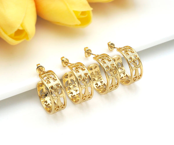 Gold Filigree Earrings, Hoop Earrings, 18K Gold Filled Statment Earrings, Cross Earrings, Stud Earrings, sku#J313