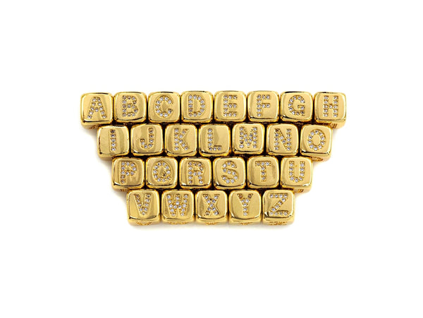 8.5mm Cube Gold/Rose Gold/Silver Alphabet CZ Micro Pave Large Hol