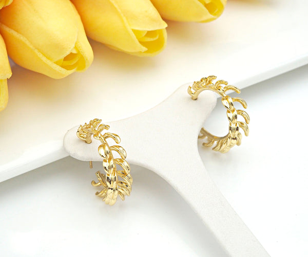 18K Gold Swirl Spike Hoop Earrings, Bold gold hoop earrings, Stud earrings, Feather shape earring, Fashion Jewlery, 26mm,sku#J315