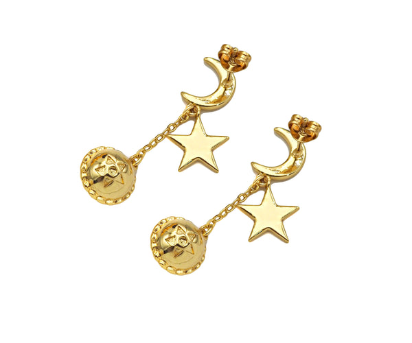 18K Gold Moon Star Dangle Ball Earrings, Moon Star Earrings, Dangle Earrings, Dangle Ball earrings, 8x12mm,sku#J316