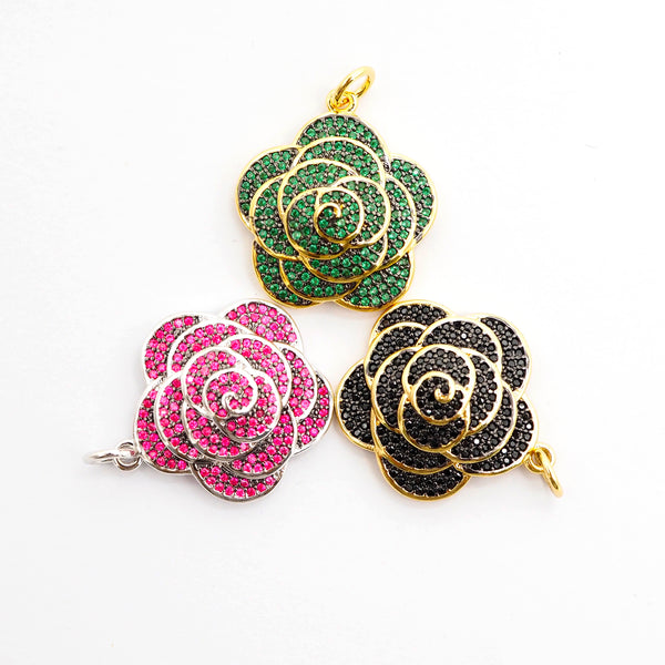 CZ Micro Pave 3D Rose Flower Pendant/Charm,Cubic Zirconia Paved Charm,Green/Fuchsia/Black,23x25mm,sku#F494
