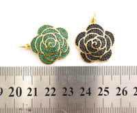 CZ Micro Pave 3D Rose Flower Pendant/Charm,Cubic Zirconia Paved Charm,Green/Fuchsia/Black,23x25mm,sku#F494