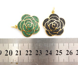 CZ Micro Pave 3D Rose Flower Pendant/Charm,Cubic Zirconia Paved Charm,Green/Fuchsia/Black,23x25mm,sku#F494