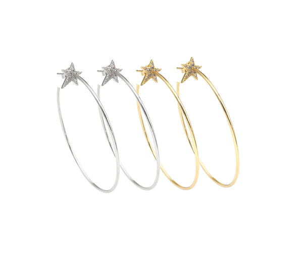 Gold/Silver CZ Pave Star Hoop earrrings, 50mm Hoop earrings, Minimalist earrings, Statement earrring,Star Hoop, Star Jewelry, sku#J320