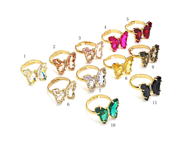 Colorful Glass Butterfly Shape Adjustable Ring, 24K Gold Glass Ring, Acrylic Butterfly Everyday Ring,19x24mm,Sku#LD87