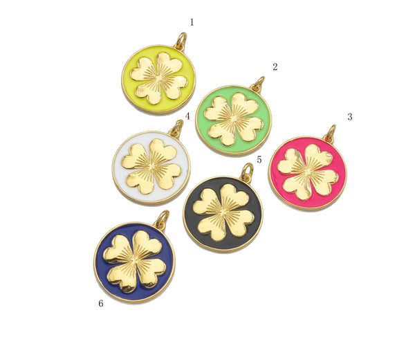 Gold Filled Clover On Colorful Enamel Round Coin Shape Pendant, 18K Gold Filled Enamel Medallion Charm, Enamel Jewelry,20x22mm,Sku#L570