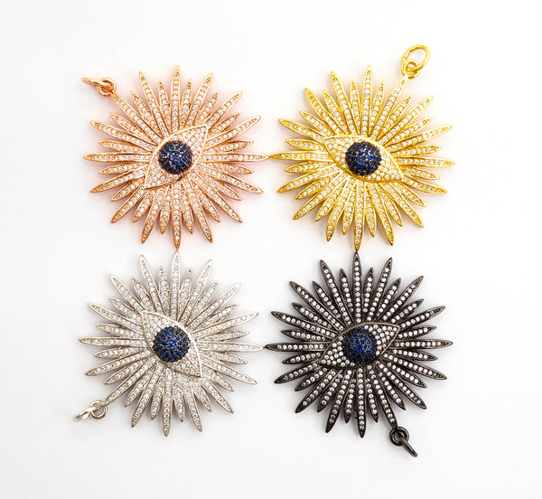 Large CZ Micro Pave Flower With Black Evil Eye Pendant/Charm,Cubic Zirconia Paved Charm/Focal, Necklace Charm Pendant, 43x46mm,sku#F497