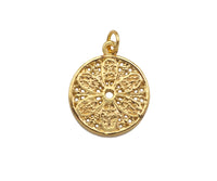Gold Filled Flower On Round Coin Shape Pendant, 14K Gold Filled Flower Medallion Charm, Necklace Bracelet Charm Pendant, 14x17mm, Sku#ZX17