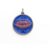 25mm/34mm Enamel Round Charm with  Fuchsia Lip, Enamel Pendant Charms, Enamel Oil Drop CZ Charm, Lip Kiss Charm,17x20mm,sku#F610