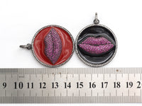 25mm/34mm Enamel Round Charm with  Fuchsia Lip, Enamel Pendant Charms, Enamel Oil Drop CZ Charm, Lip Kiss Charm,17x20mm,sku#F610