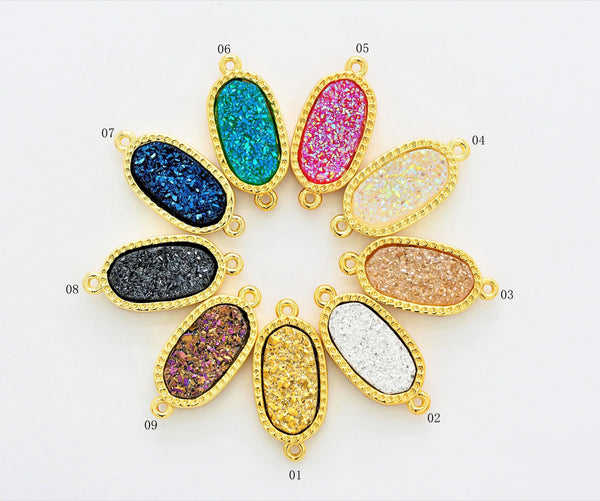 Mystic Druzy Drusy Oval Connector Beads, Bezel Druzy Charm, Gold/Silver finish,Gold/Black/White Opal/ Cobalt Blue,9x20mm,SKU#V26